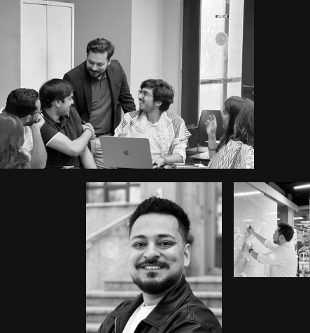 Umar Farooq — at work with the team, portrait, and sketching at a whiteboard