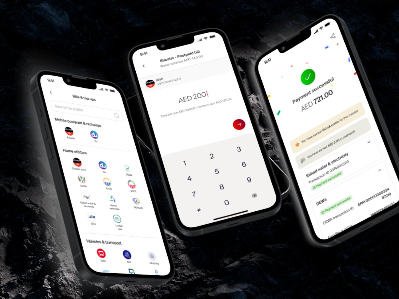 Bills, top-ups, and payment success