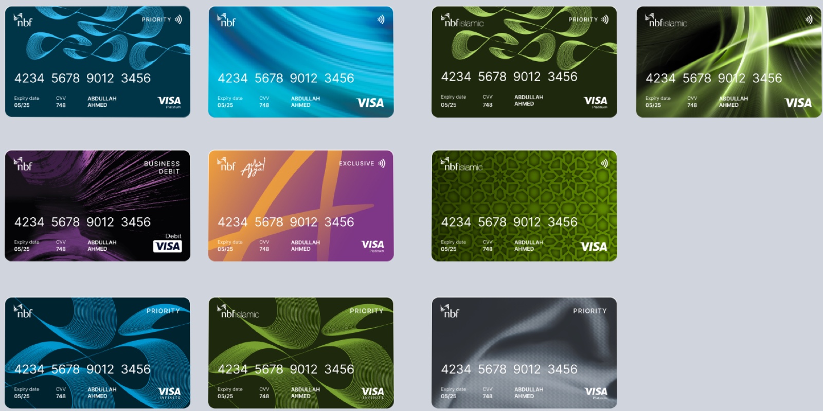 NBF bank card designs in the blue NBF family and the green NBF Islamic family, including Priority, Business Debit and Ajyal cards.