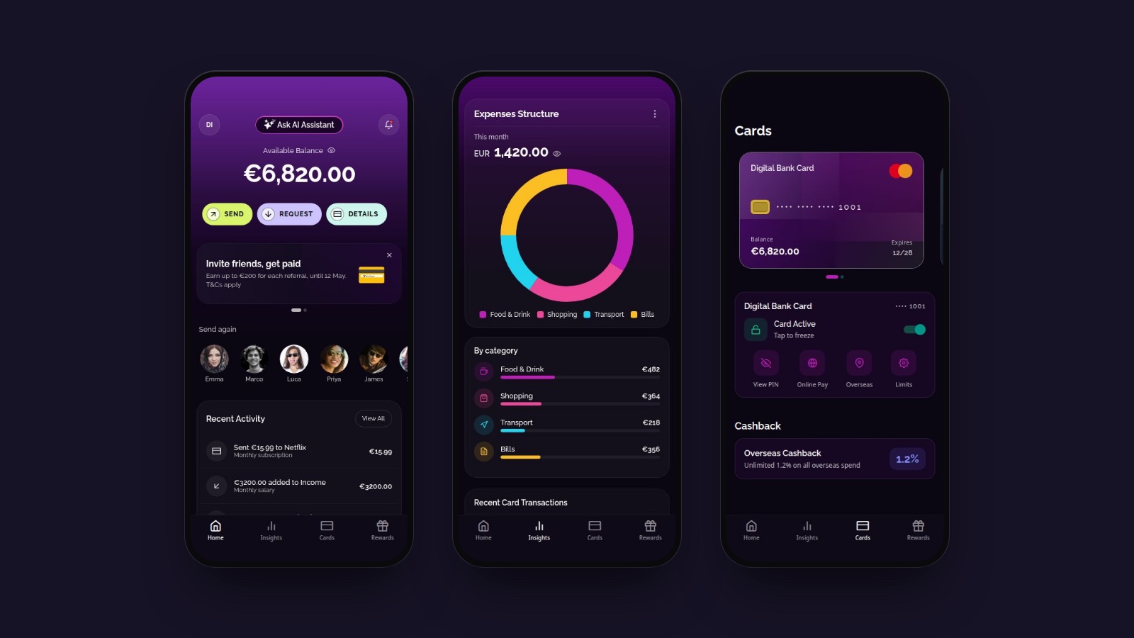 Home, Insights and Cards: balance and quick actions, spending broken down by category, and virtual cards with a freeze toggle.