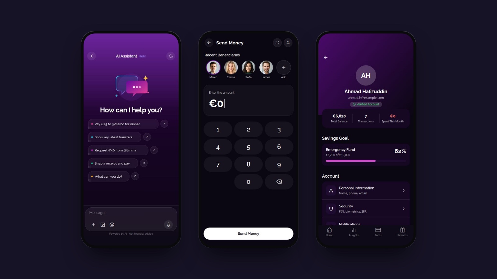 AI assistant, transfer and profile: suggested prompts, a money-transfer flow with recent contacts, and account settings.