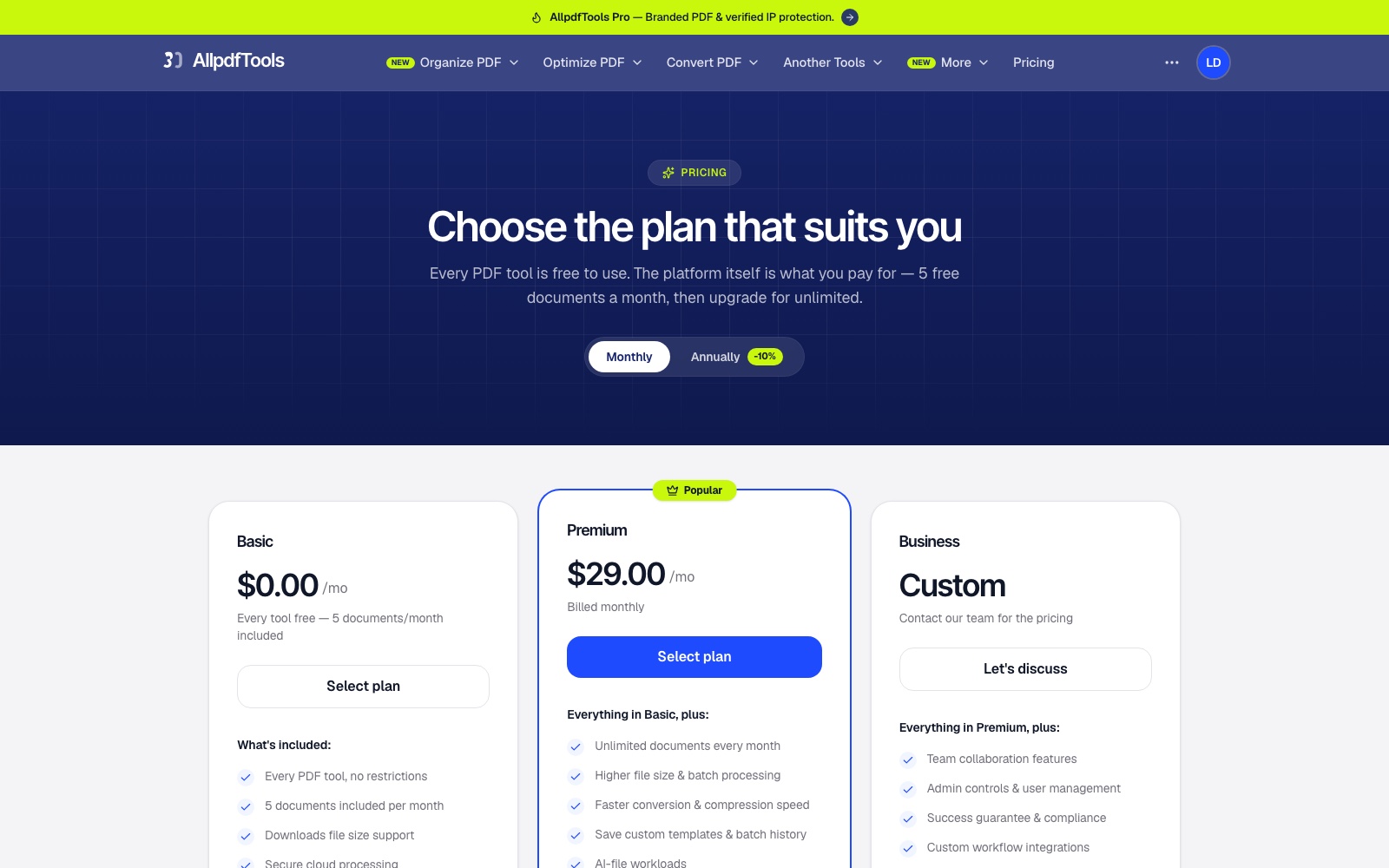 Pricing: every tool is free with five documents a month, then premium at $29 for unlimited documents, and a custom business tier for teams.