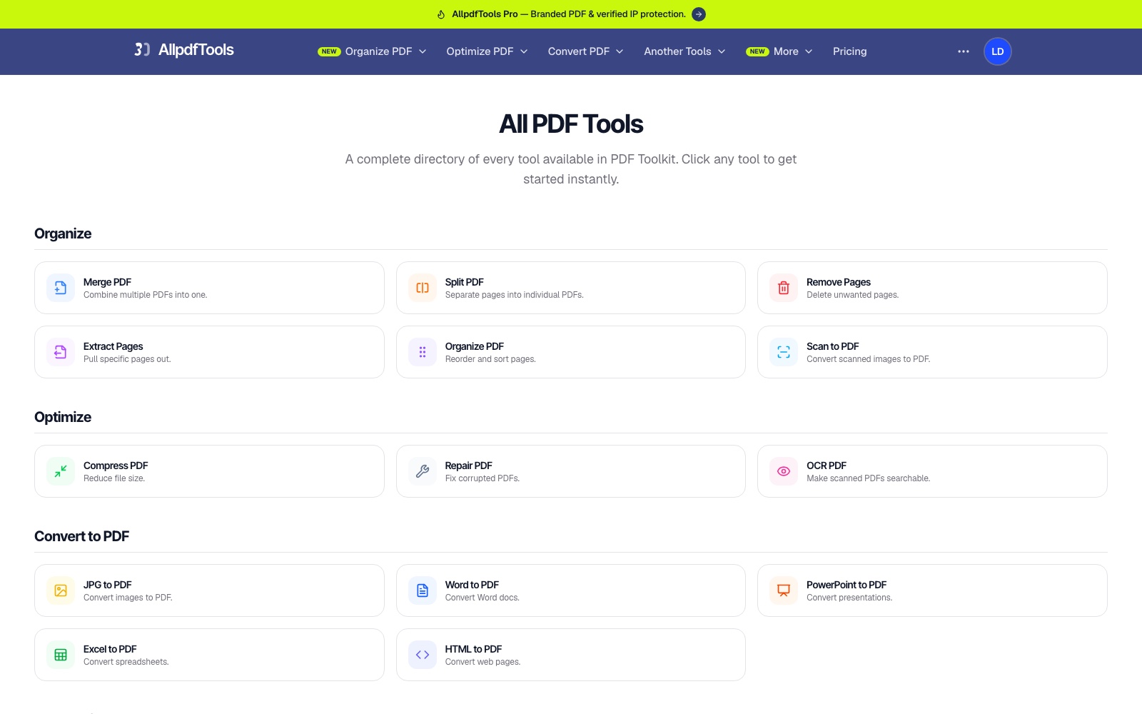 The full tool directory, grouped into organise, optimise, convert to and from PDF, edit, security and AI.