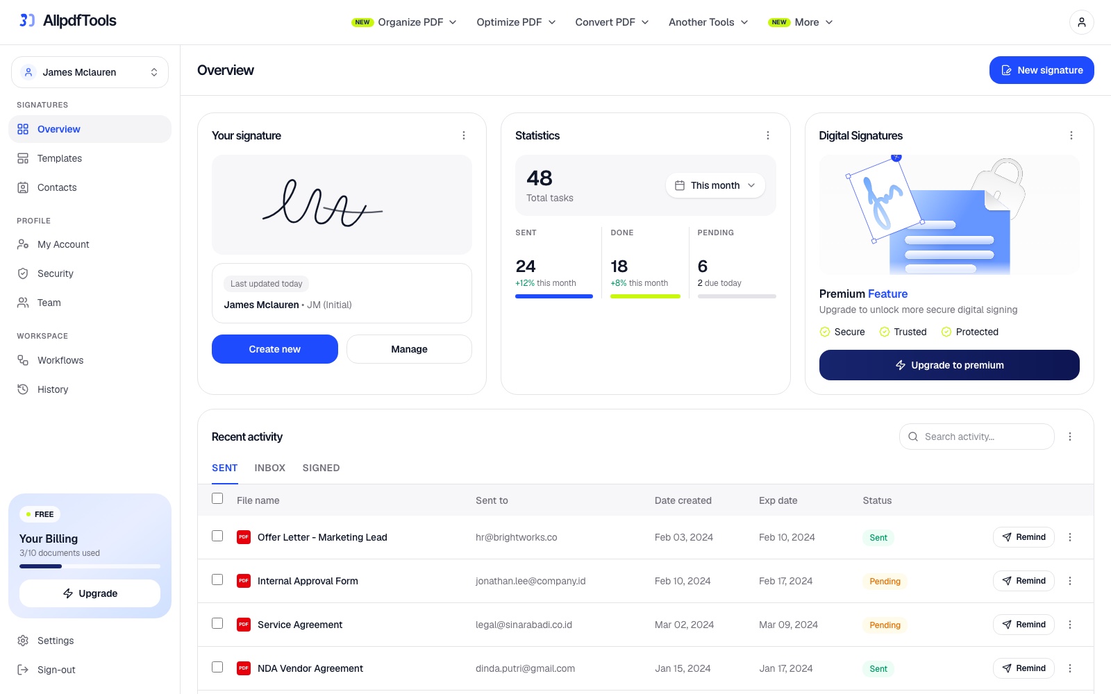 The signature workspace: your saved signature, sending statistics, and a document log split into sent, inbox and signed, with templates, contacts, teams and workflows in the sidebar.